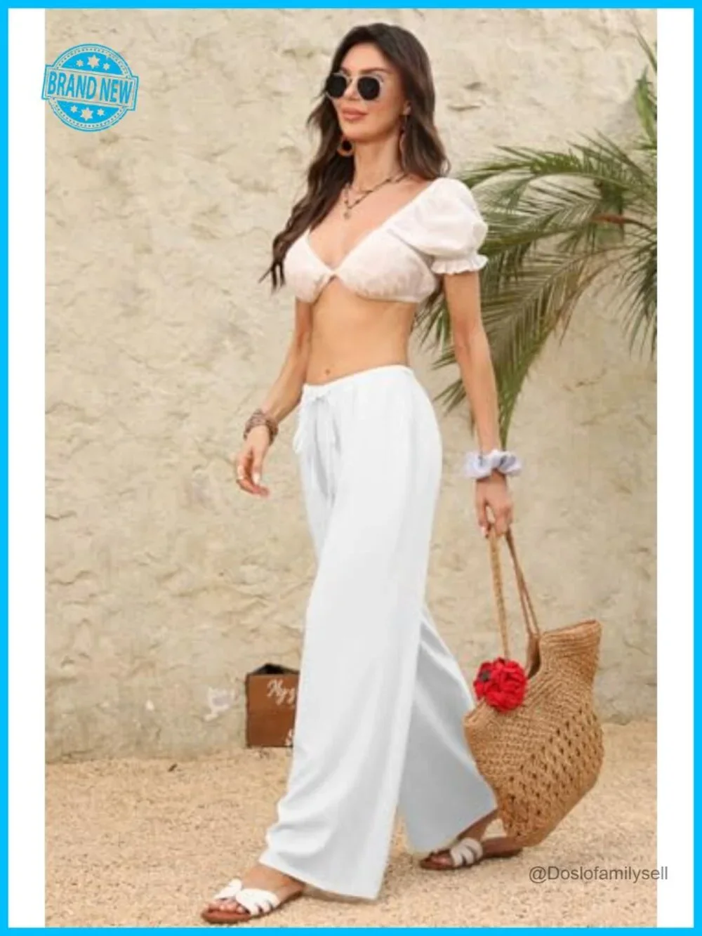 Low Rise Wide Leg Linen Blend Palazzo Pants with Pockets